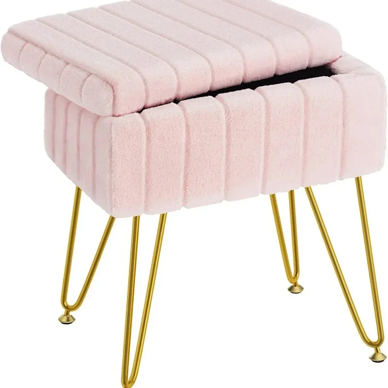 Multifunctional Faux Fur Ottoman with Storage Modern Soft Stool Chair AntiSlip Feet for Makeup Bedroom and Home Decor