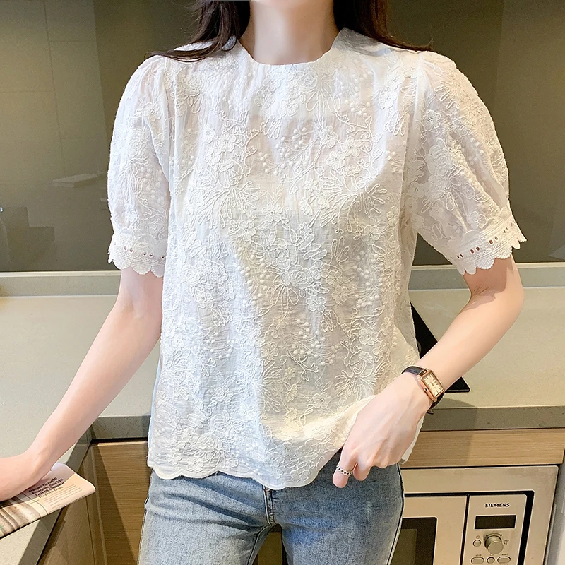 Summer Lace Blouse Women Elegant Vintage Sweet Puff Sleeve Tops Chiffon Shirt Women Short Sleeve Embroidery Blouses Blusas 21262