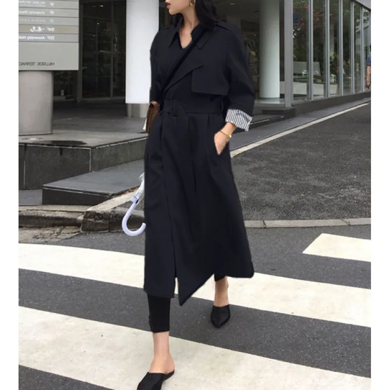 spring and autumn temperament trench coat women's medium and long Korean version student over the knee black loose and thin coat