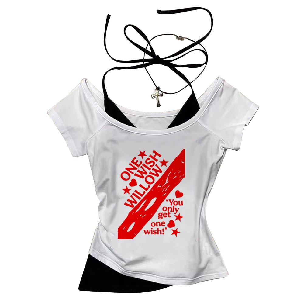 One Wish Willow crop top female goth japan gyaru funny cheap t-shirt gothic kawaii korean fashion 2000s cheap