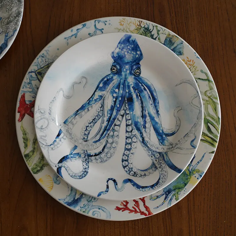 Creative Underglaze Color Squid Ceramic Plate European Modern Marine Animal Steak Pasta Plates Coral Octopus Cake Dessert Dishes