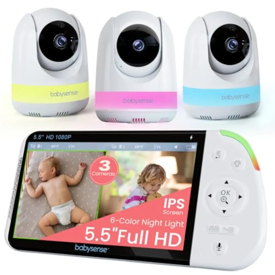 

Видеоняня Babysense 5.5 Full-HD с разделением экрана, 3 камерами, 6-цветной RGB-подсветкой, радиусом действия 300 м, аккумулятором 5000 мАч, видео и аудио