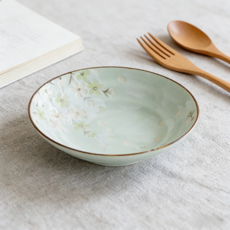 Autumn Cherry Blossom Deep Plate Underglaze Color Sakura Dinner Plate Ceramic Plate Japanese Style Household Tableware Daily Use