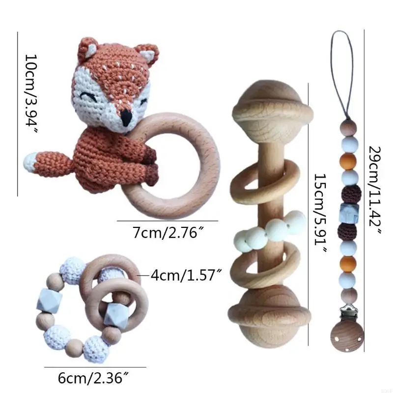 E06F Baby Pacifier Clip Chuỗi Chuỗi nương giả bằng gỗ Vòng đeo tay DIY crochet động vật Teether trẻ sơ sinh