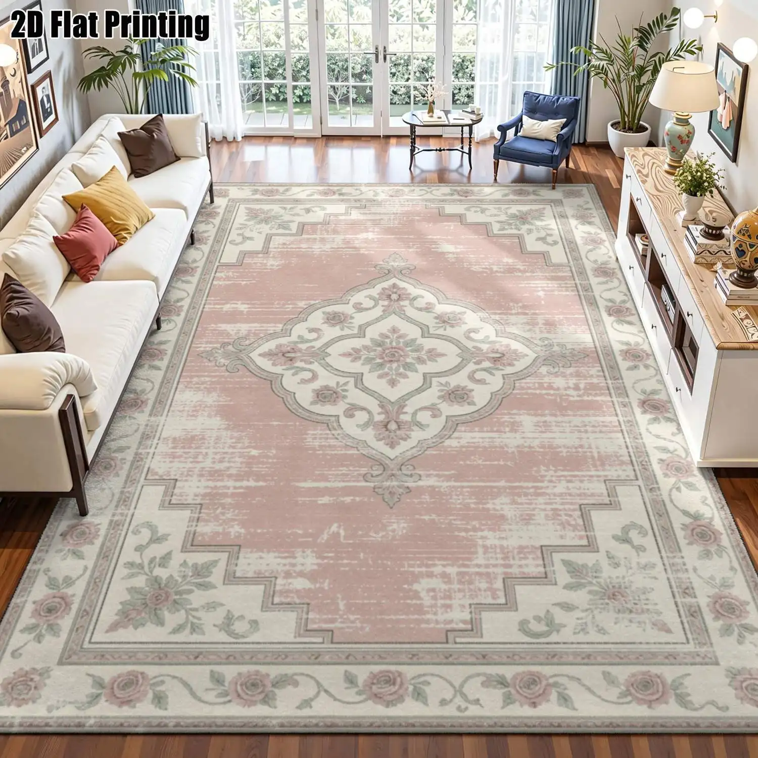 1Pc 2D Printed Carpet: Pink Floral & Geometric Patterns, Vintage/Modern Minimalist/Ins Style, Multi-Size, Machine Washable, for Entrance, Dining, Foyer, Bedroom, Living Room Home Decor