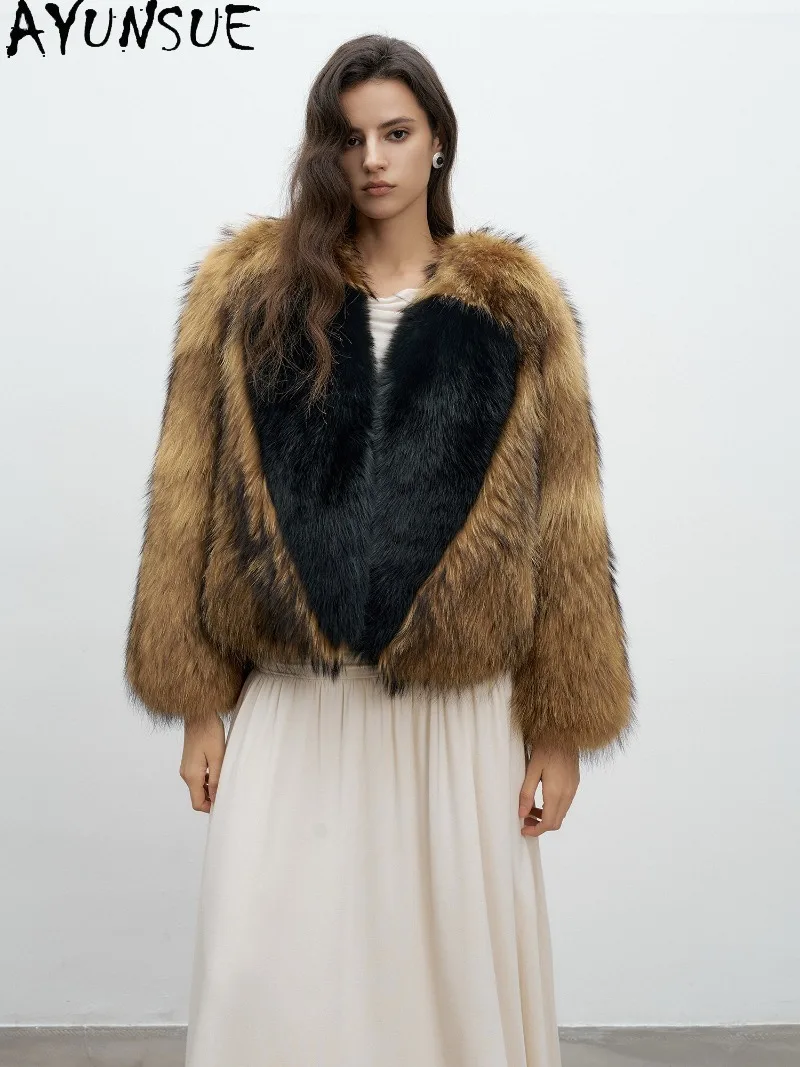 AYUNSUE Women Natural Fox Fur Coat Raccoon Fur Ladies Fur Outerwear Ladies Winter Clothes Loose Fit Fashion Шуба Натуральный Мех