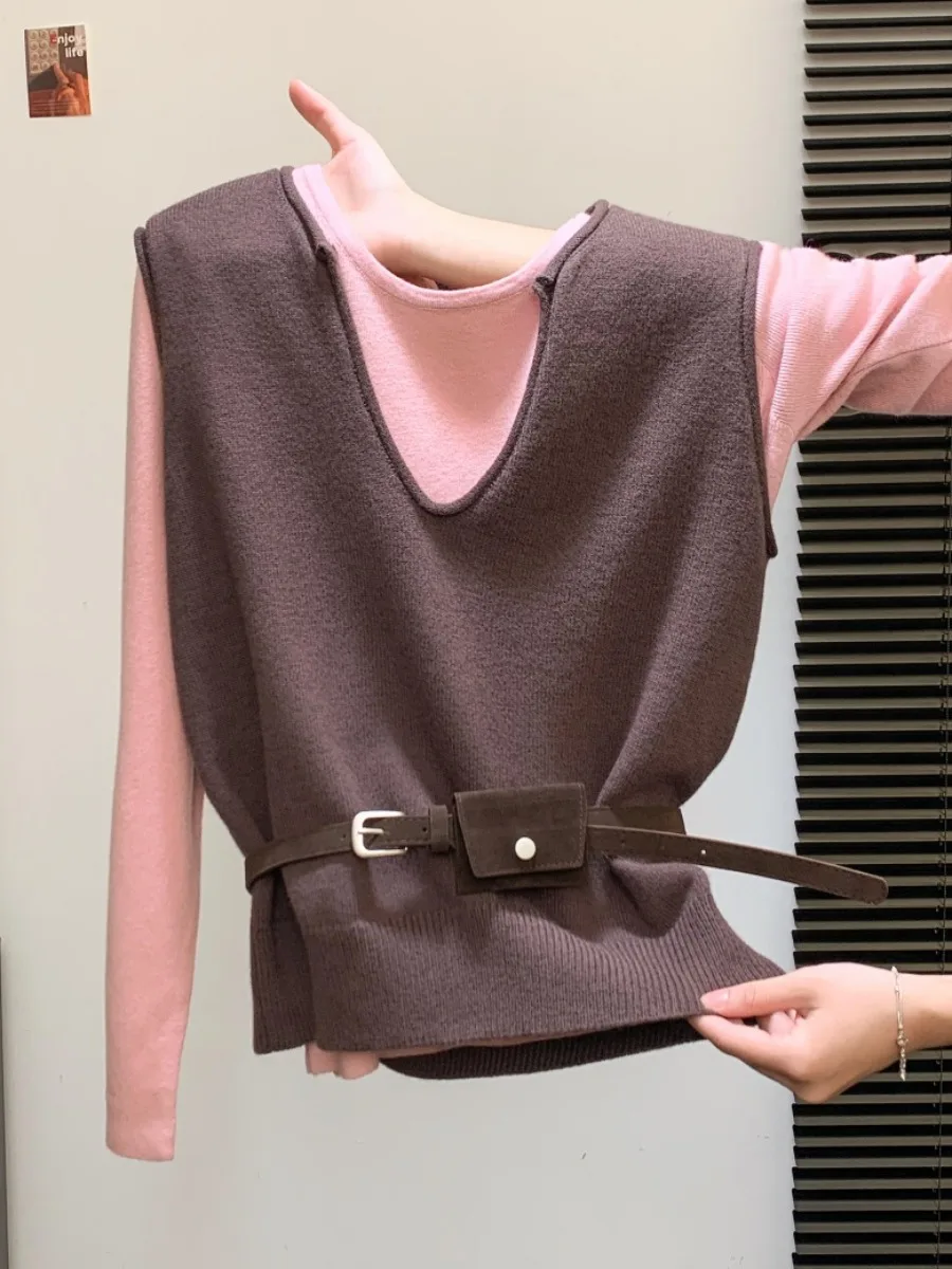 

Женский вязаный длинный жилет Све, топ U-Ne, дизайн, комплект из двух предметов с поясом, осень-зима, модный корейский комплект обычного кроя для поездок на работу