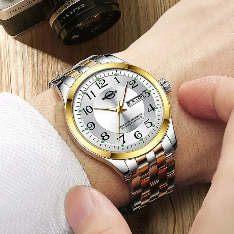 

Men's Watch Stainless Steel Band Fashion Luminous Quartz Watch for Man Dual Calendar Male Clock Reloj Hombre Clock