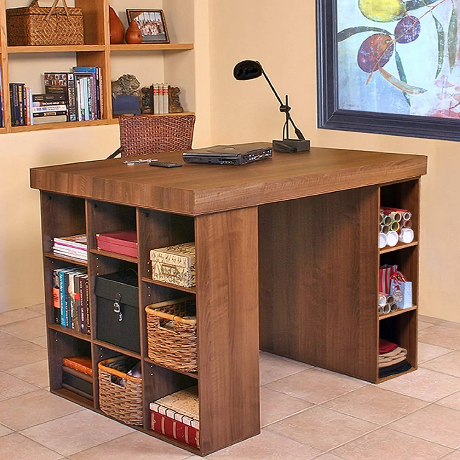 Project Center Desk with Bookcase and 3 Bin Cabinet-Walnut Perfect for Scrapbooking, Sewing and Arts.