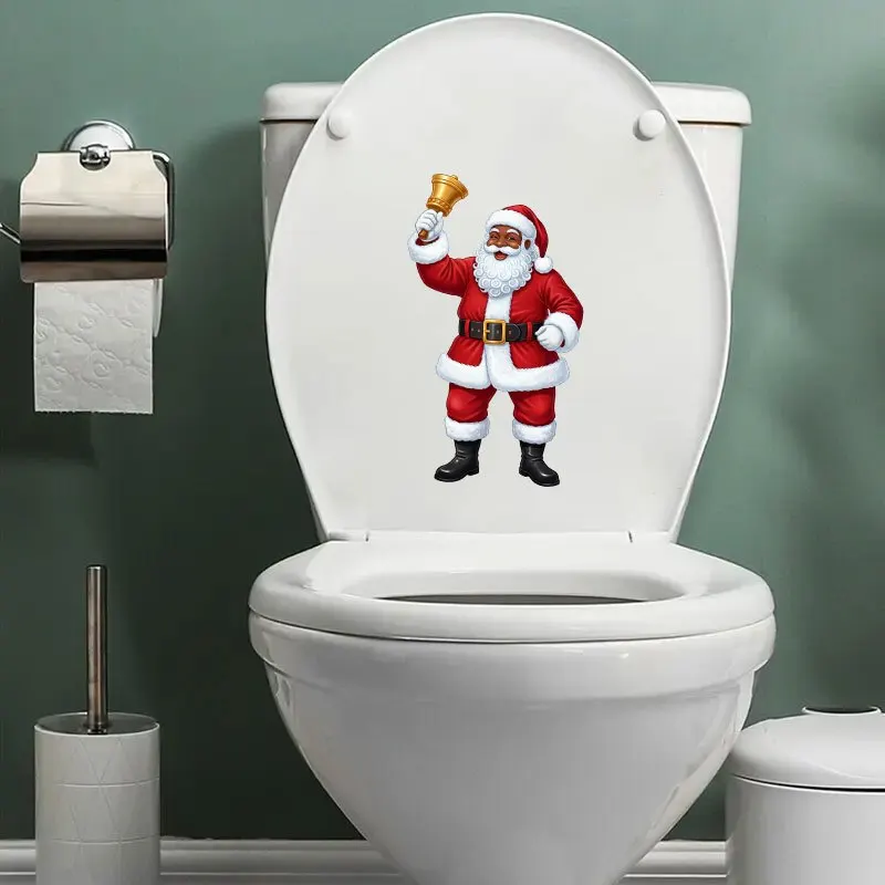 1-Piece African American Santa Claus Classic Red Dress Ringing Gold Bell Christmas Toilet Stickers