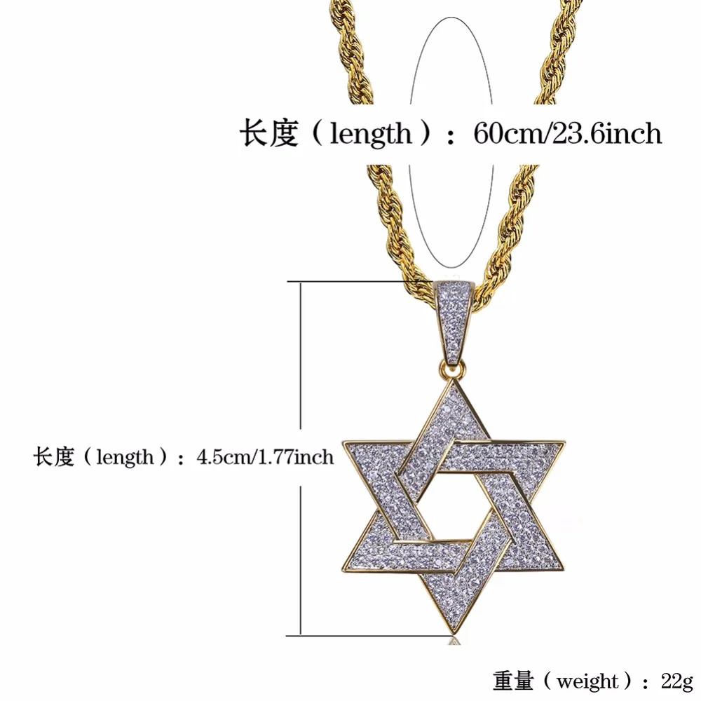 Hip Hop Bling Ice Out Full Rhinestone Gold Color Stainless Steel Hexagram Jewish Star of David Pendants Necklaces Men Jewelry