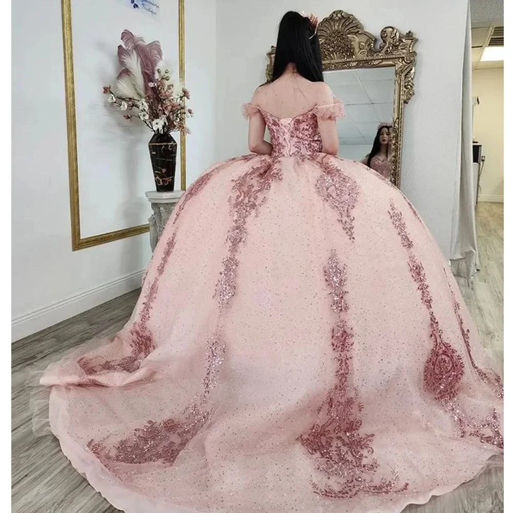 Pink Off-Shoulder Quinceanera Dresses Vestidos De 15 Anos Glitter Tulle Sequined Lace Masquerade Birthday Party Gowns HOT