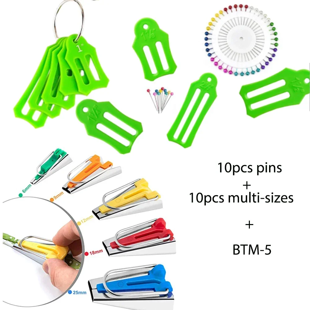 10PCS Multi-Sizes Folding Fabric and Biasing Strips Roll Tool Set with 10 pcs of Multi-Color Quilting Pins and bias tape maker