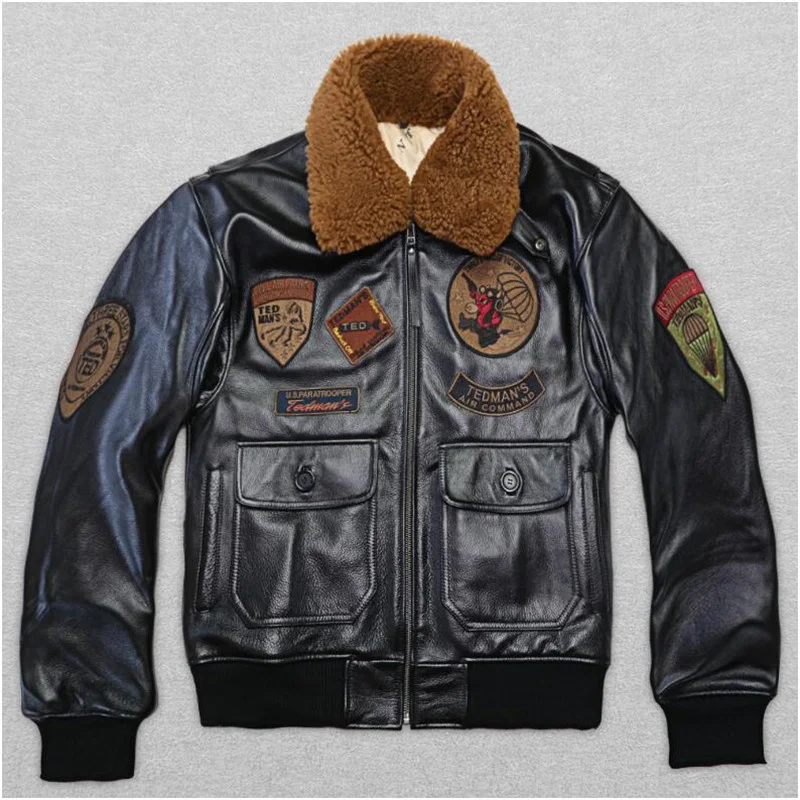 Style Military 2023 Brown Pilot Leather Jacket Wool Collar Europe Size Genuine Natural Thick Cowhide Winter Warm Aviator Coat