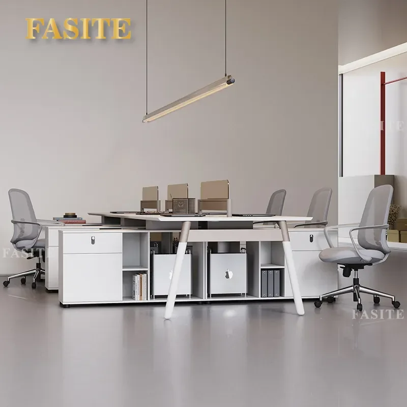 For Modern Simple White Staff Desk Two or Four Seated with Side Cabinets Designer Accounting Office Furniture