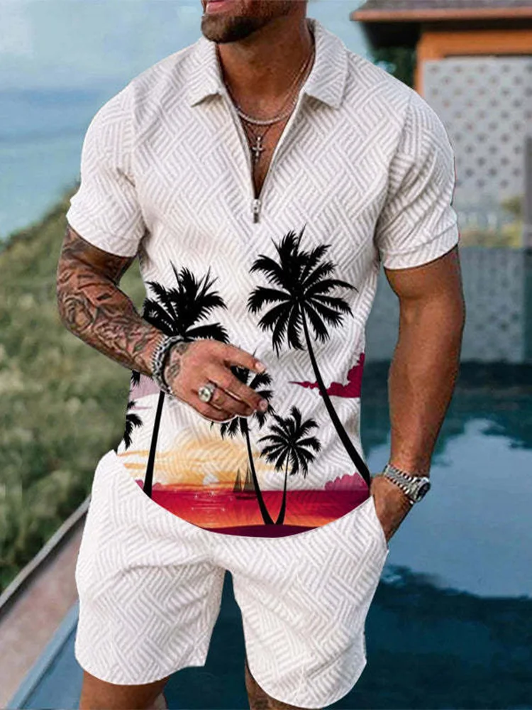 

Summer set: Men's short-sleeved Suit With Ethnic style, Fashionable T-s·hirt And Shorts 2-piece set, Casual Zipper Polo Shirt