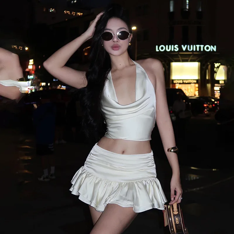 

Summer New Solid Hanging Neck Tank Top High Waist Skirt Set for Women Two Piece Set Short Sets
