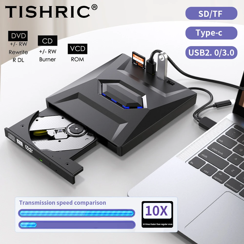 TISHRIC External DVD CD Drive USB 3.0 Type C TF SD Card Reader CD DVD RW Rom Writer Burner Optical Player For Computer Laptop