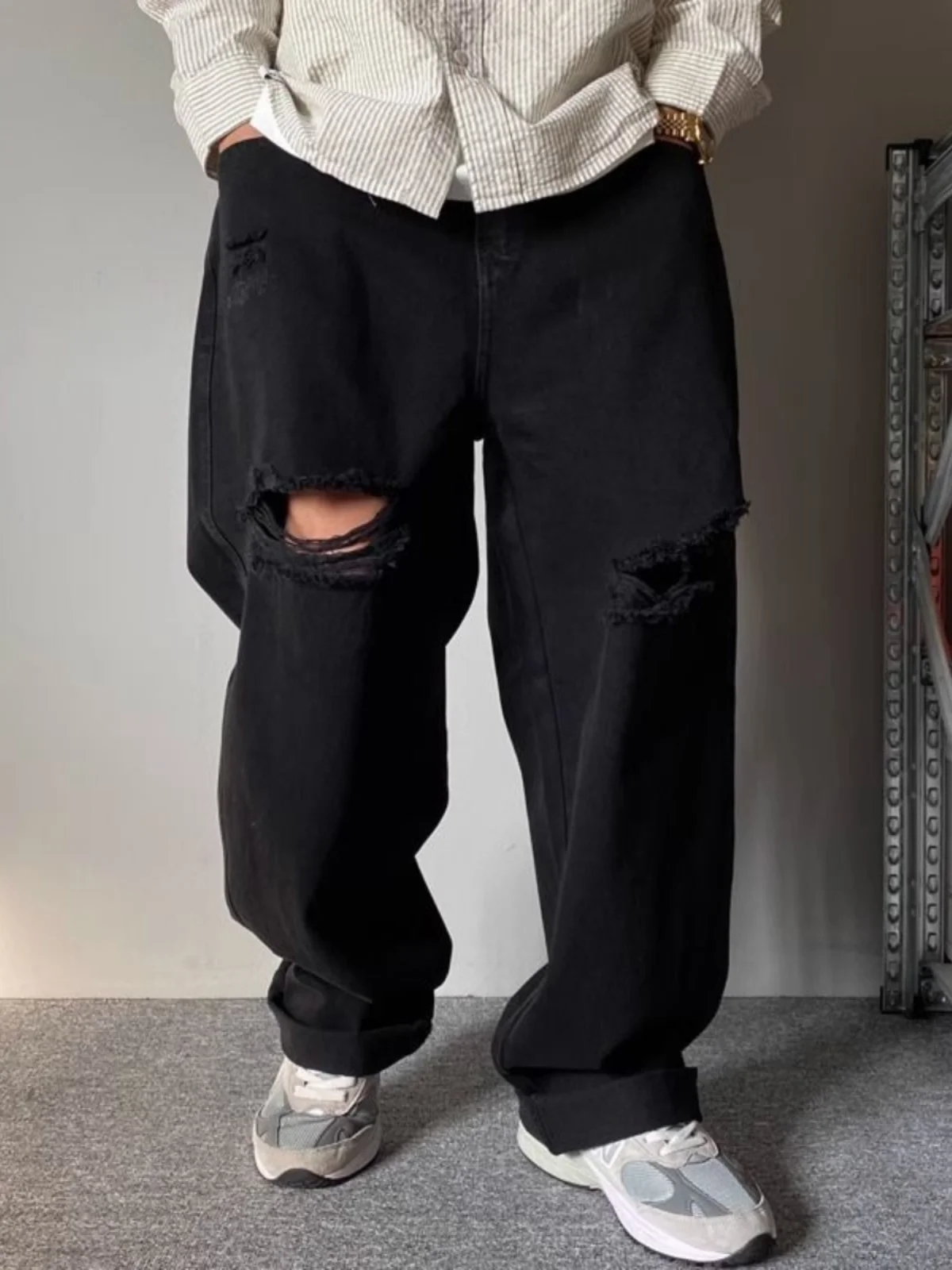 

plus Size Summer Denim Jeans Men's Loose Straight Leg Wide Leg Pants Knee Hole Trendy High Street Jeans Youth Faion