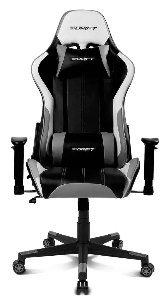 DRIFT Gaming DR175GRAY-professional Gaming chair, multi-skin, 2D adjustable armrests, Class 4 piston, swivel, butterfly mechanism, lumbar and cervical support, black/white