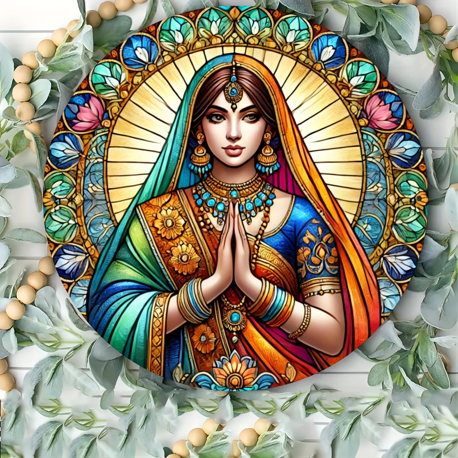 

Vintage Indian Lady Stained Glass-Style Aluminum Metal Sign, Colorful Praying Woman Artwork with Floral Motifs, 7.87x7.87In