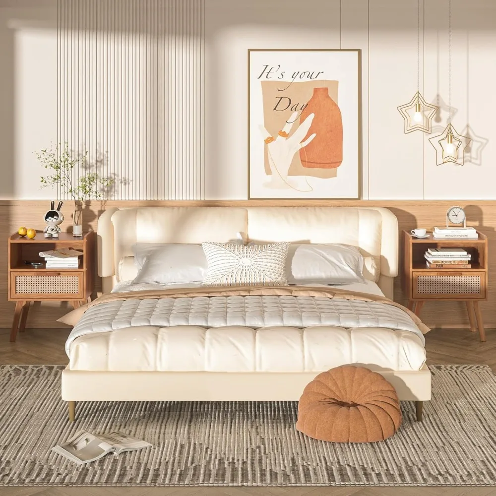 라탄 나이트스탠드, 서랍이 있는 사이드 테이블, 오픈 선반이 있는 케인 액센트 침대 옆 테이블, 견고한 나무 다리가 있는 미드 센추리 스타일