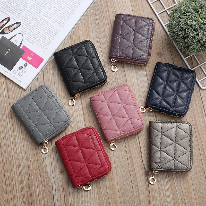 

DHL50pcs Women PU Grid Geometric Embroidery Short Credit Card Holder Wallet