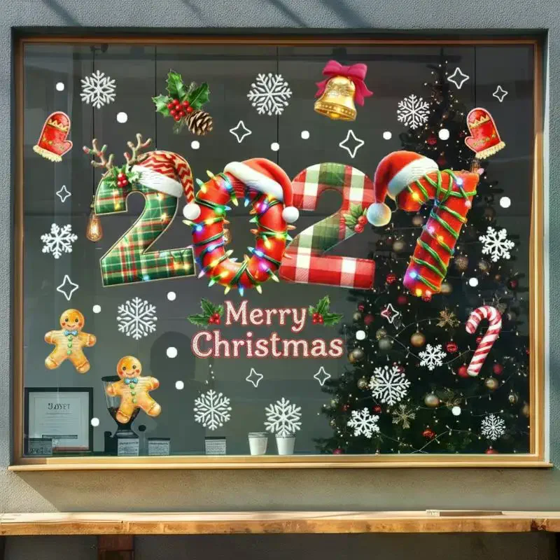 2027 New Year Christmas Window Stickers Double Sided: Same Color Ice Snowflake Design Home Holiday Party Decoration