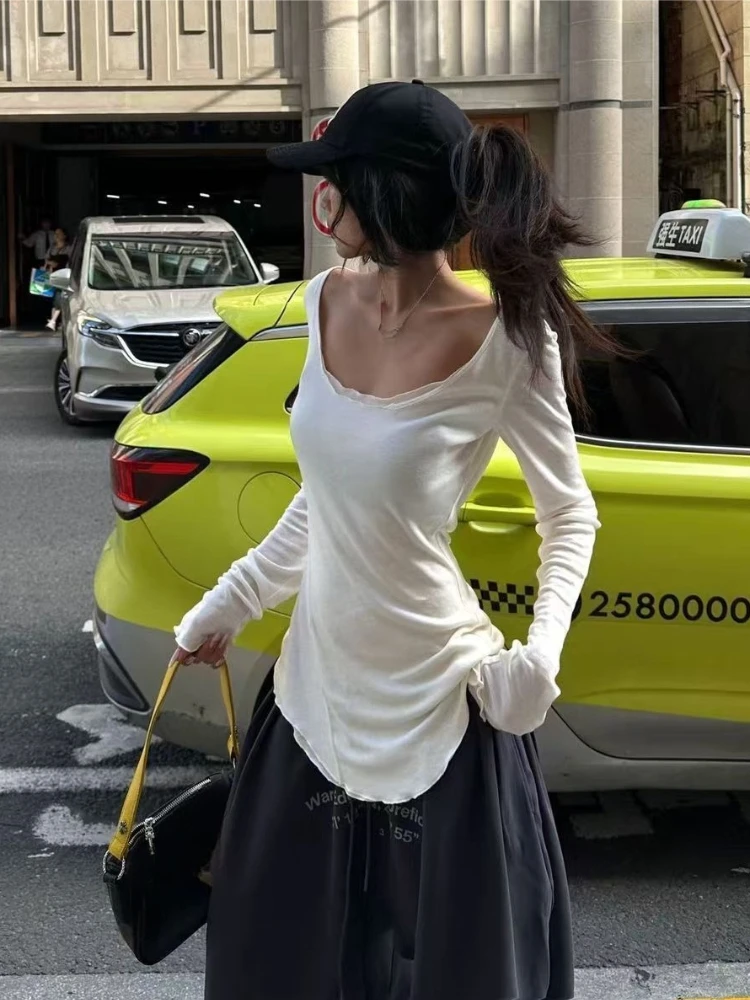 Korean Fashion 2026 Autumn Women Solid Color Thin Long Sleeve Outerwear Irregular Slim Puff Sleeve Party Blouse Top