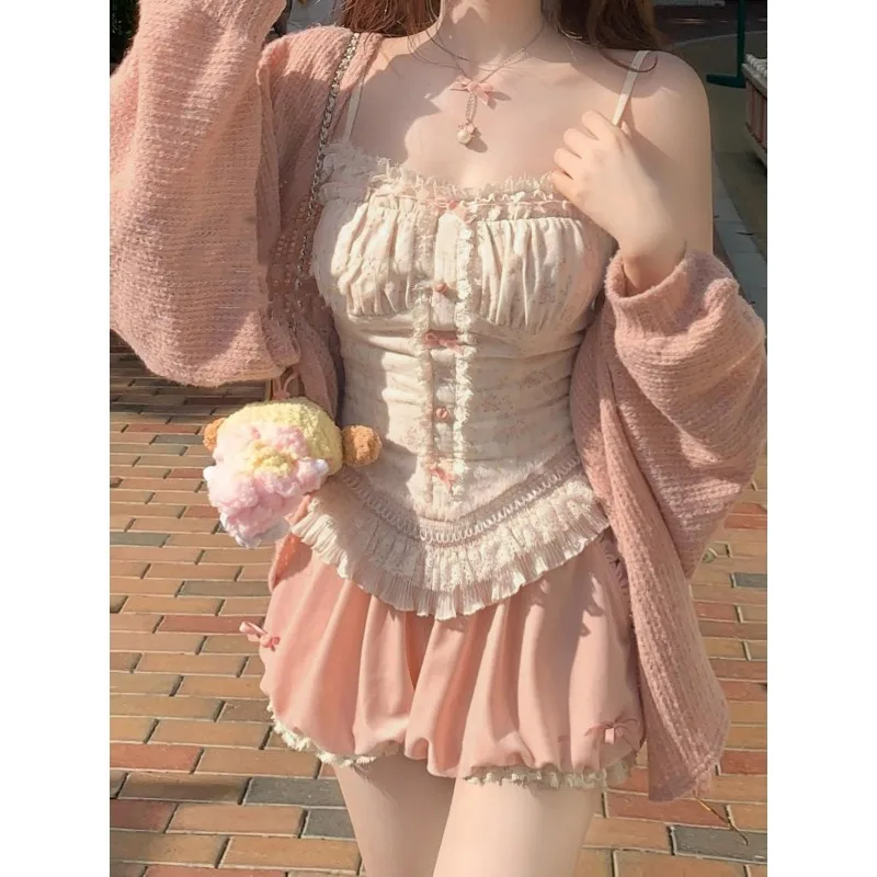 

Japanese Style Sweet Three Piece Sets for Girls 2025 New Spring Fashion Sweet Camisole Tops Bloomer Short and Cardigan Sets