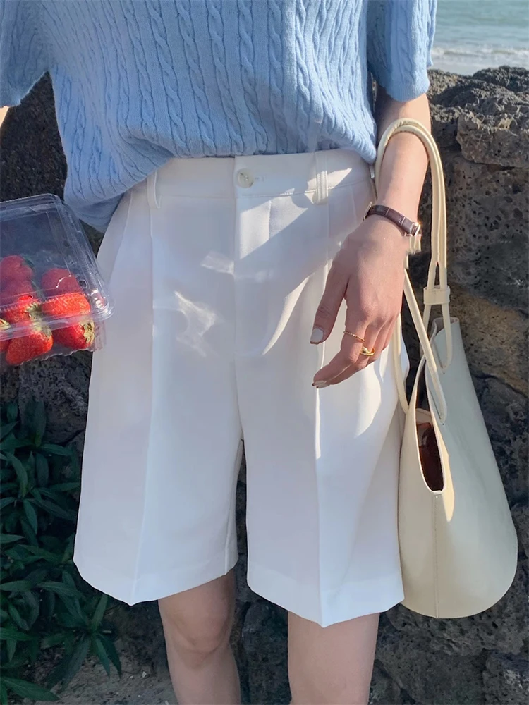 الأساسية مطوي واسعة الساق سراويل تقليدية المرأة الصيف جديد Sle مباراة بسيطة مستقيم خمسة أرباع orts القطن عالية الخصر #5