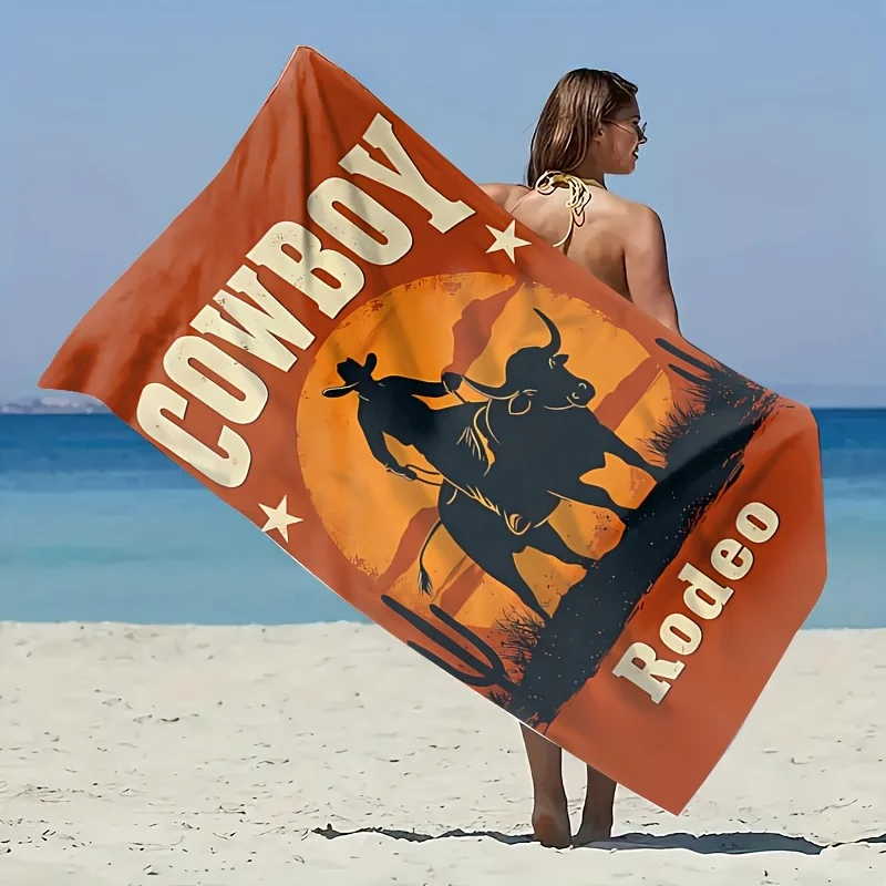 

Rustic Cowboy Rodeo Towel, Bold Black Silhouette on Orange Sunset Background Print Bath Towel, Classic Western Summer Essential
