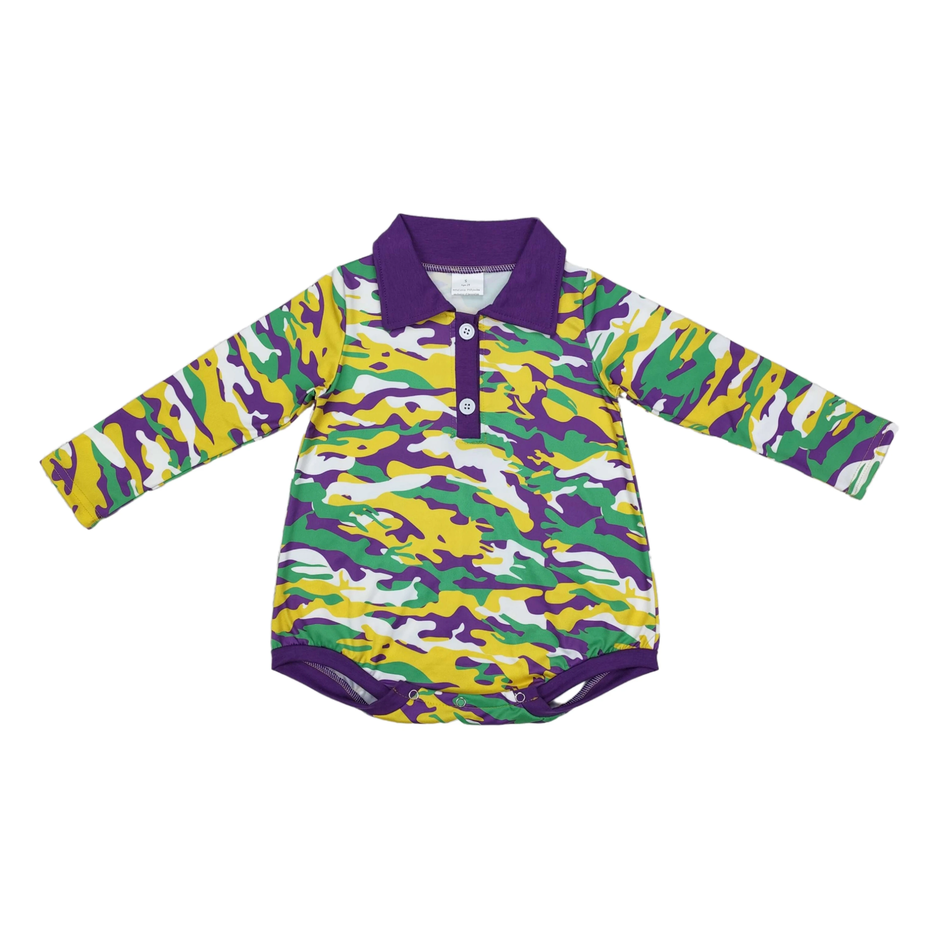 Wholesale Toddler Mardi Gras Long Sleeves Romper Clothing Baby Boy Bubbles Children Kids Infant Pullover Buttons Camo Jumpsuit