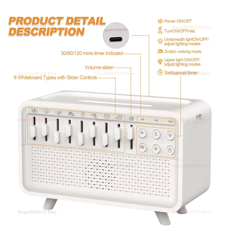 Máquina de sonido para dormir con ruido blanco, difusor de aire con llama, humidificador, altavoz BT, luz nocturna, difusor de aceites esenciales para dormitorio