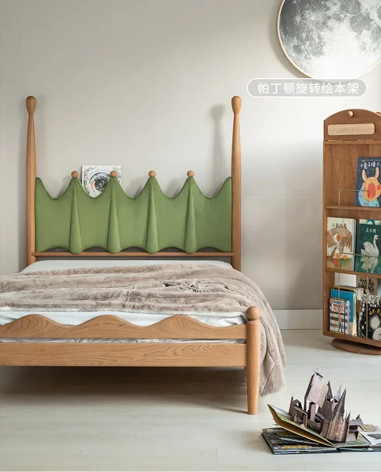 Solid wood North American cherry wood children's bed, Nordic velvet fabric soft bag bed, youth bedroom college bed