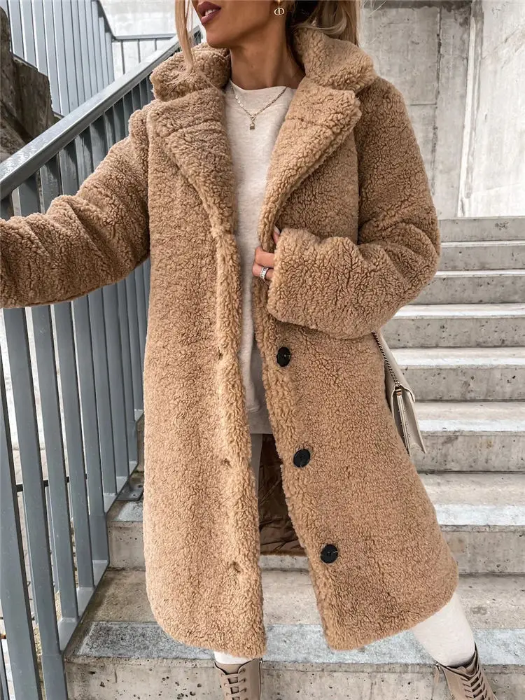 Women Winter Teddy Fleece Coat Faux Fur Luxury Lapel Cardigan Warm Vintage Mid-Length Robe Plus Size 5XL Sherpa Sweaters