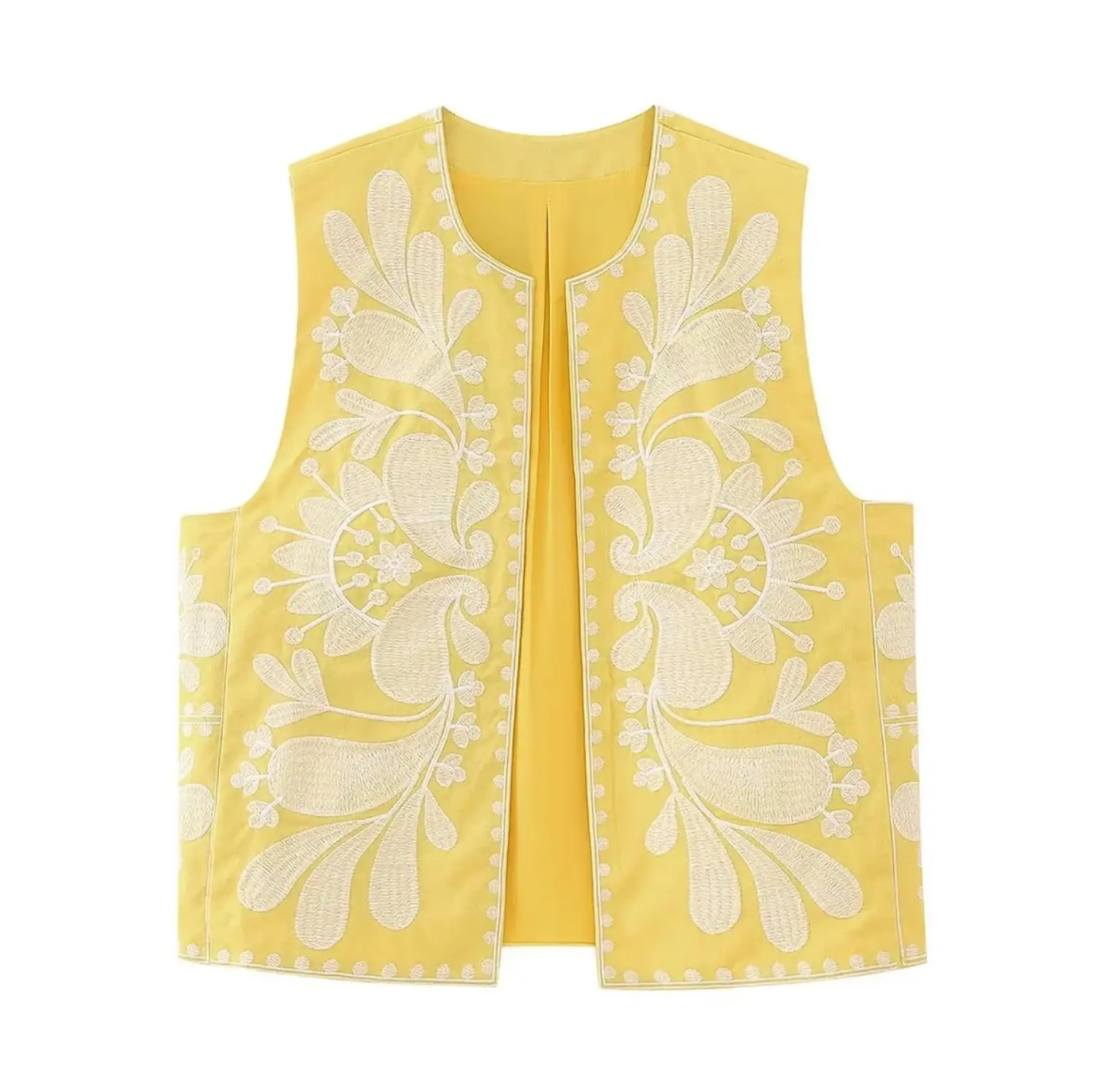 2023 Women Ethnic Yellow Embroidery White Flower Open Stitching WaistCoat BOHO Vest Jacket Outfits Casual Vacation Crop Top