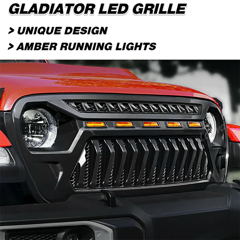 Lc4wd 4x4 acessórios exteriores grade de malha dianteira grelhas de corrida com luzes led âmbar para 2018-2024 jeep wrangler jl jlu jt