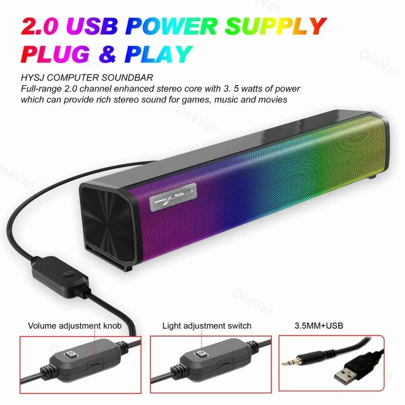 RGB Luminous soundbar Computer Speaker Gift HiFi Sound Game ABS Material Sound box 9 Kinds of Lights Adjustable