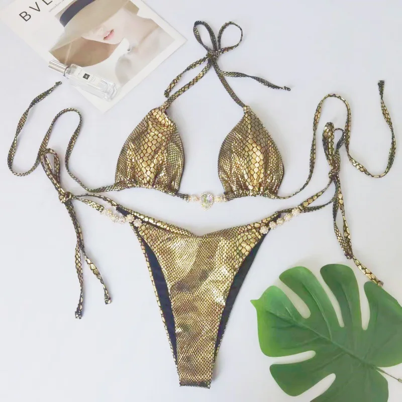 Nuovo bikini sexy in pelle PU lucida con stringhe estreme costume da bagno femminile costumi da bagno donna bikini a due pezzi costume da bagno halter costume da bagno