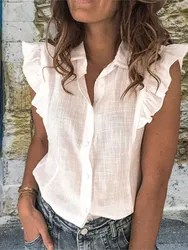 Summer Women's Shirt Fashion Butterfly Sleeve Office Lady Blouses And Top Casual Sleeveless White Pink Blouse Woman Clothing