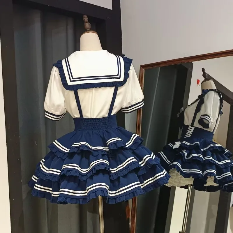 Ensemble d'uniforme d'université d'été, col marin, nœud, haut à manches courtes, bretelles taille haute, jupe Pong, ensemble deux pièces pour fille douce