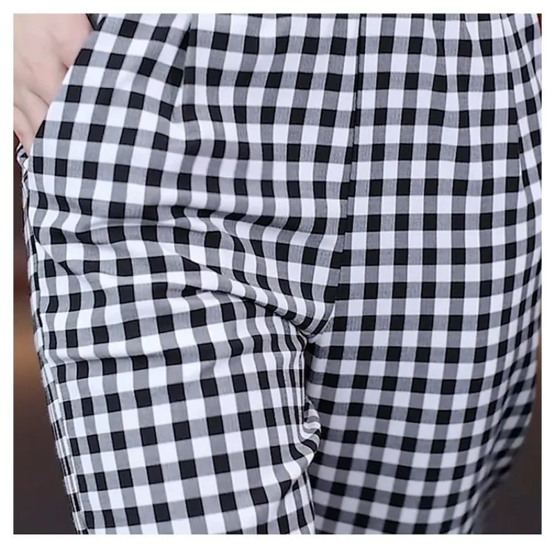 Spring Summer Checkered Pockets Contrast Color High Waisted Elastic Casual Loose Women\'s Clothing Wide Leg Trousers Pants