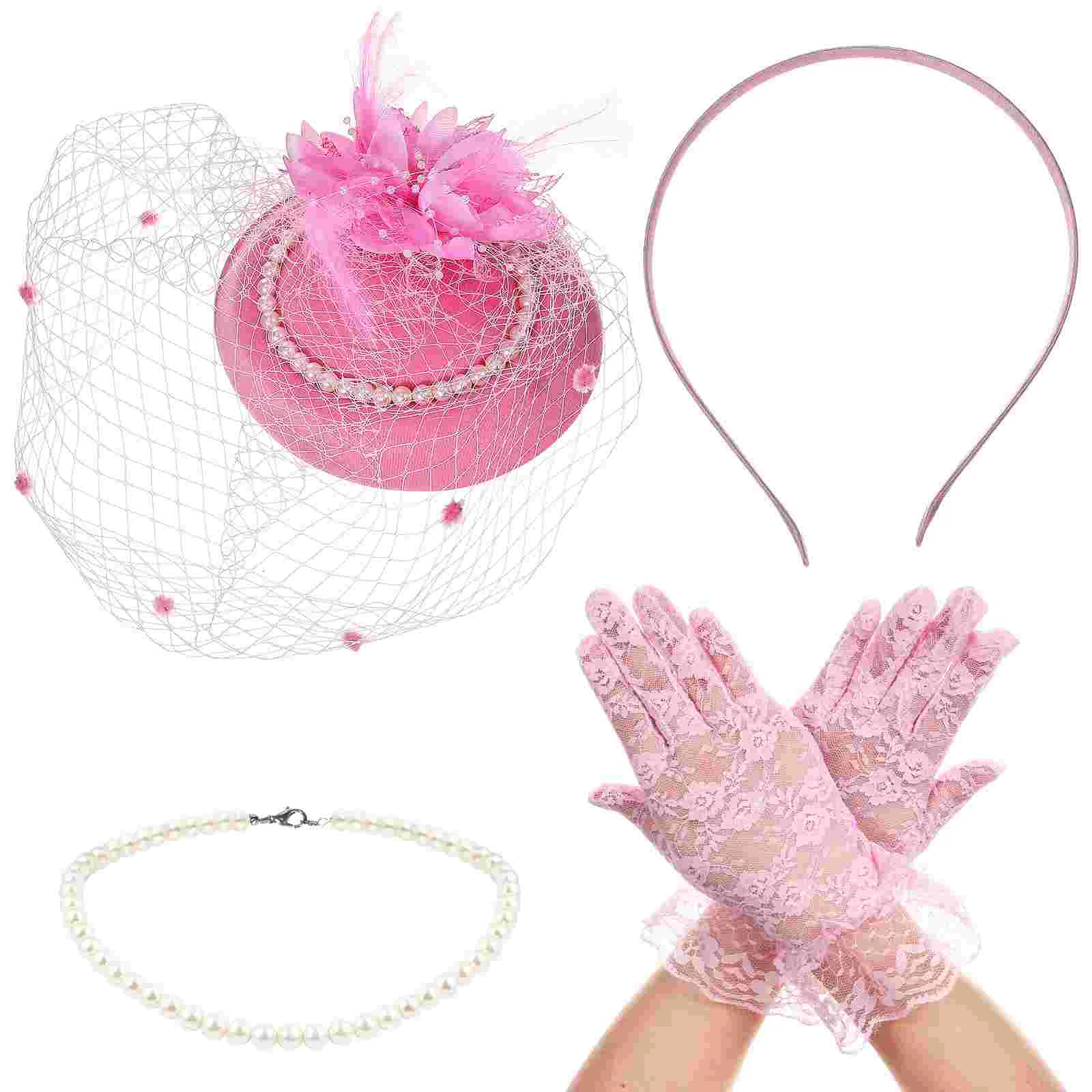 Headband Retro British Style Mesh 3-piece Set (pink) Tea Party 20s Accessories for Women Hair 1920 Bride Child