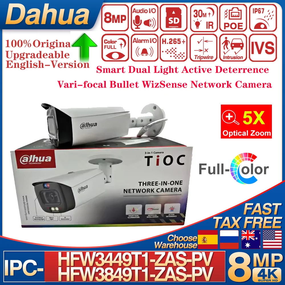 Dahua 8MP IPC-HFW3849T1-ZAS-PV POE IP Camera Dual Light Active Deterrence WizSense 5X Zoom Bullet Built in MIC Quick Pick AI SSA