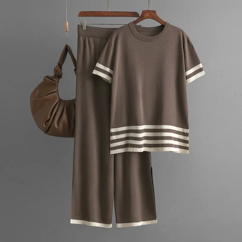 

European American New Fashion Women's Contrast Color Casual Trendy Knitted 2 Piece Sets O-neck Short Sleeve T-shirts Trousers