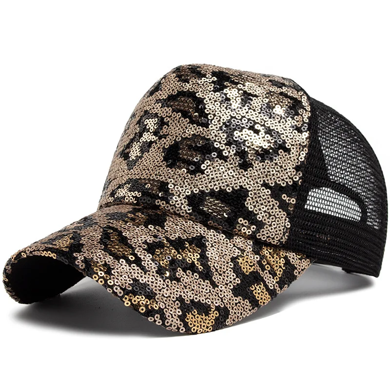 Baseball Cap Women\'s Summer Baseball Cap Fashion Leopard Print Sequin Cap Breathable Sunnet Hat