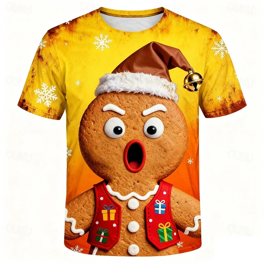 Christmas Men\'s Crew Neck T-Shirt 3D Gingerbread Man Snowflake Print Outdoor Christmas Gift Party Daily Casual Short Sleeve