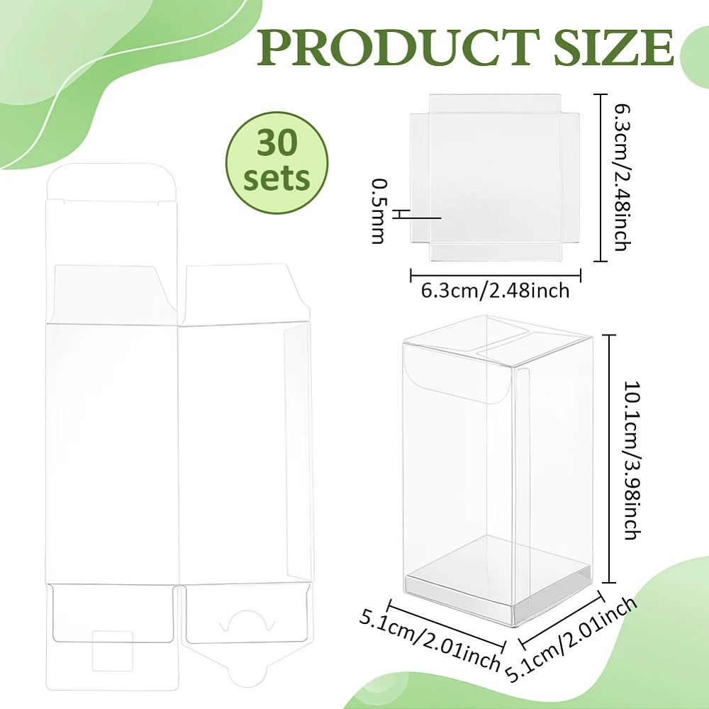 30 Pcs Clear Gift Boxes 2x2x4 Inch Folding PVC Favor Boxes with Silver Paper Card Base for Wedding Birthday Party Festival Gift