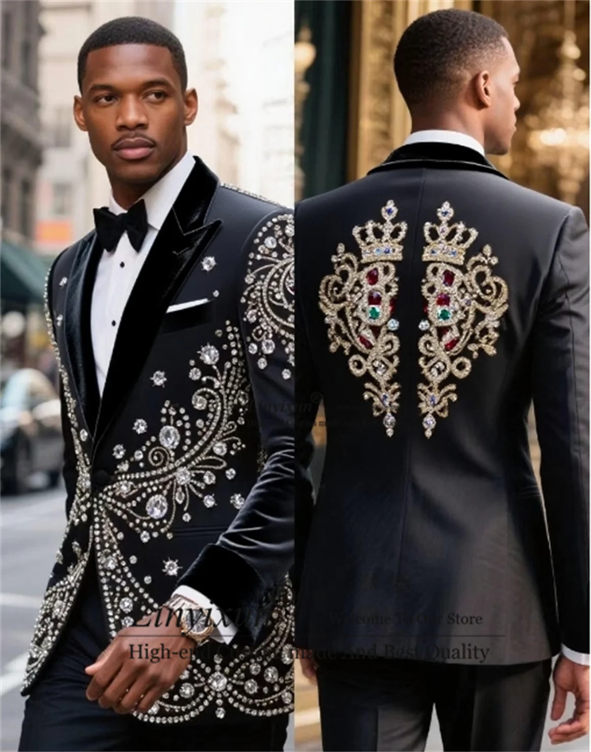 

High End Beaded Crystals Tuxedos Men Suit 2 Pieces Sets Groom Wedding Male Party Costume Homme Slim Fit Customized Ropa Blazers